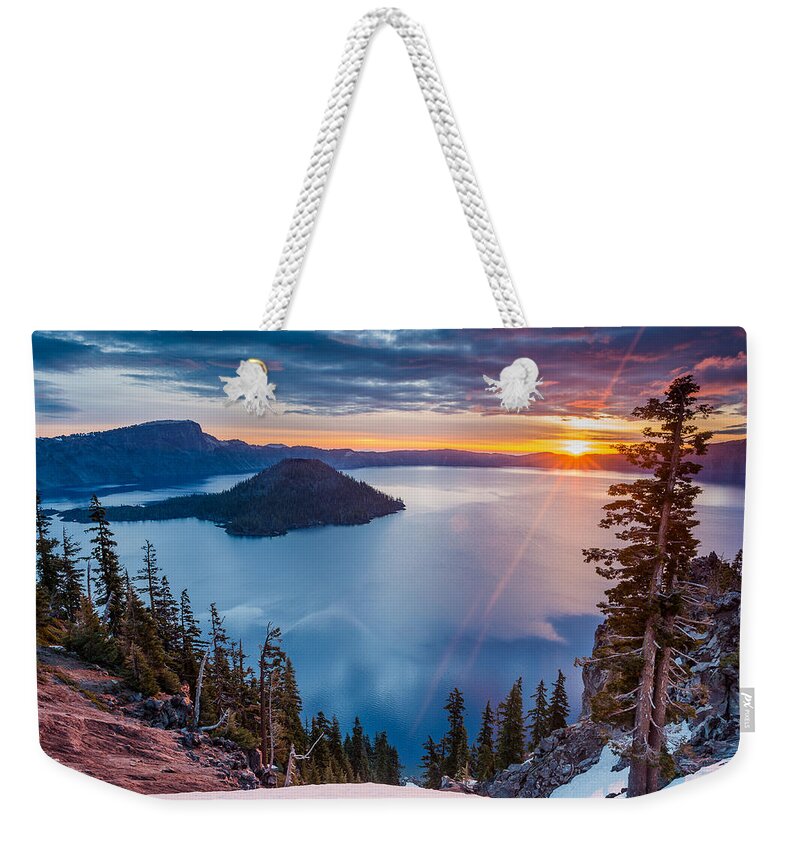 Crater Lake Weekender Tote Bag featuring the photograph 2015 Spring Sunrise from Discovery Point by Greg Nyquist
