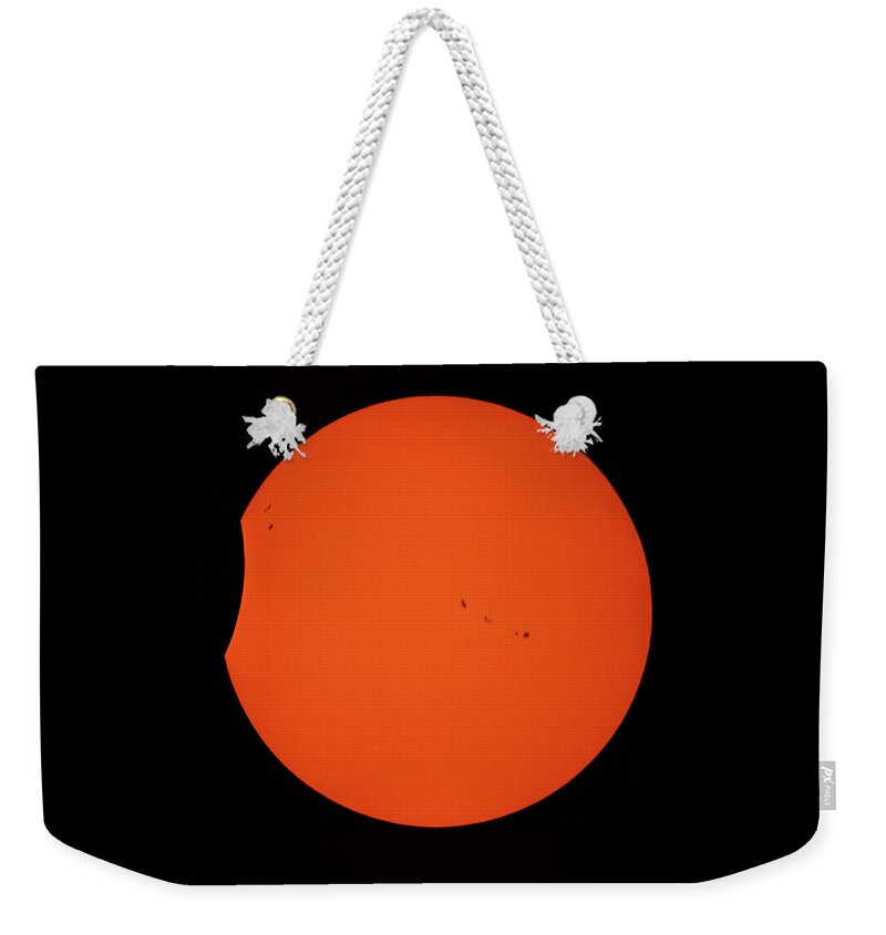 Terry D Photography Weekender Tote Bag featuring the photograph 2017 Partial Solar Eclipse from New Jersey at 359 by Terry DeLuco
