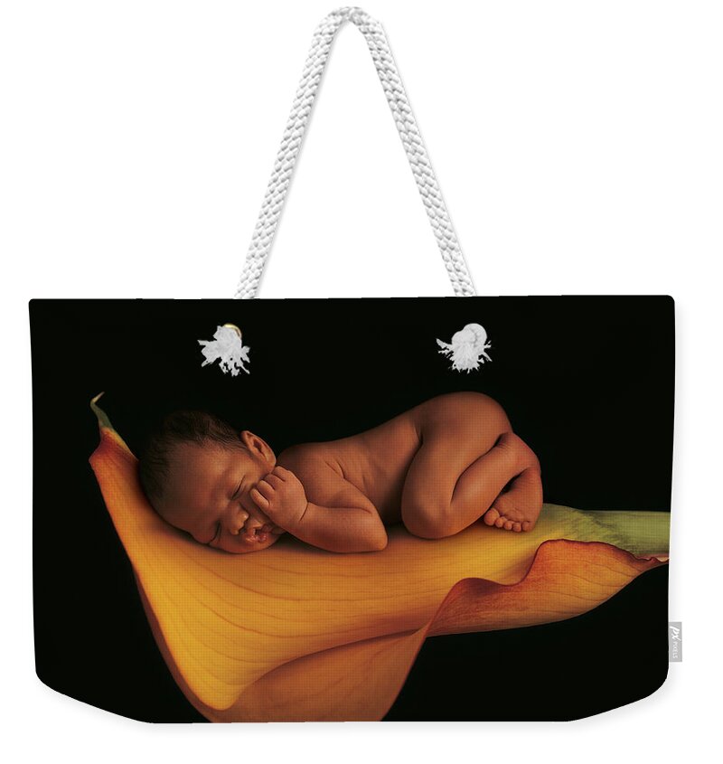 Calla Lily Weekender Tote Bag featuring the photograph Sleeping on a Calla Lily by Anne Geddes