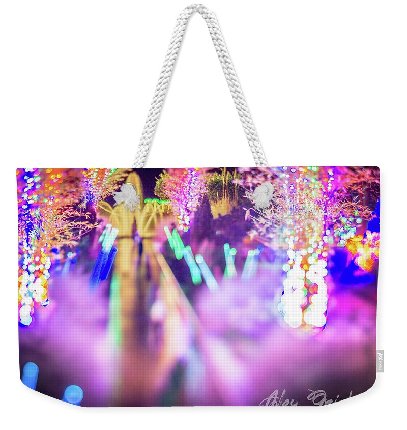 Christmas Weekender Tote Bag featuring the photograph Christmas Light Bokeh At Daniel Stowe Gardens Belmont North Caro #25 by Alex Grichenko