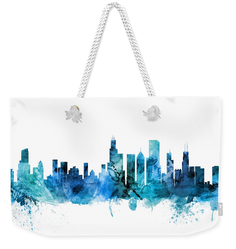 Chicago Weekender Tote Bag featuring the digital art Chicago Illinois Skyline by Michael Tompsett