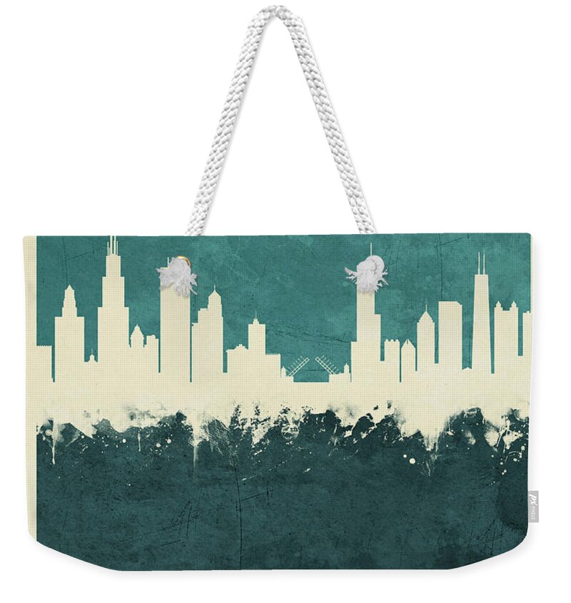 Chicago Weekender Tote Bag featuring the digital art Chicago Illinois Skyline #29 by Michael Tompsett