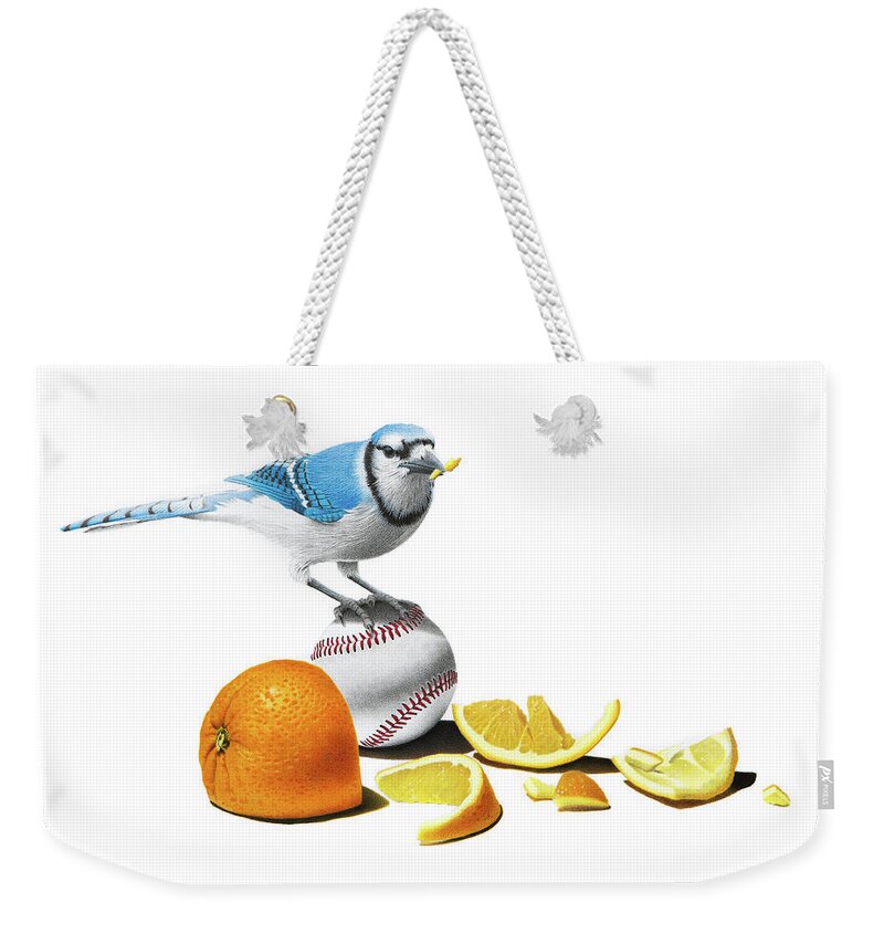 Blue Weekender Tote Bag featuring the drawing 2nd Inning - Done Eatin' by Stirring Images