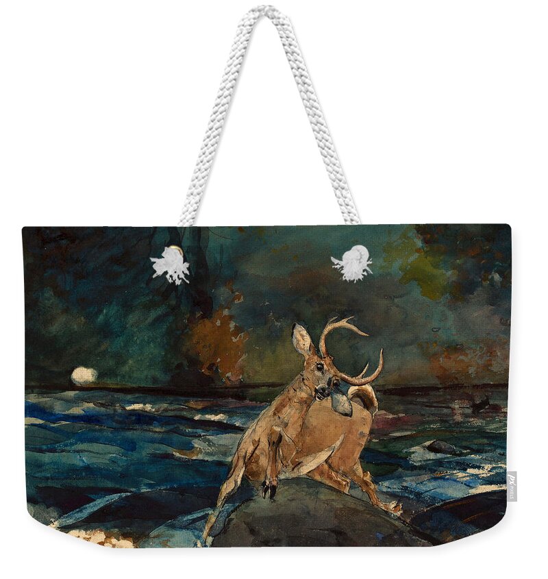 Winslow Homer Weekender Tote Bag featuring the drawing A Good Shot. Adirondacks #5 by Winslow Homer