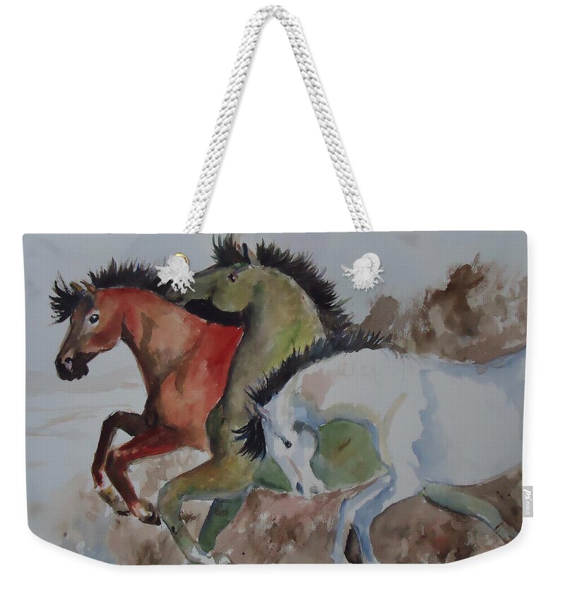 Horses Of A Different Color Weekender Tote Bag featuring the painting 3 Amigos by Charme Curtin