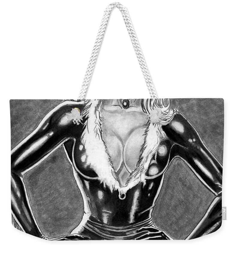 Black Weekender Tote Bag featuring the drawing Black Cat #3 by Bill Richards