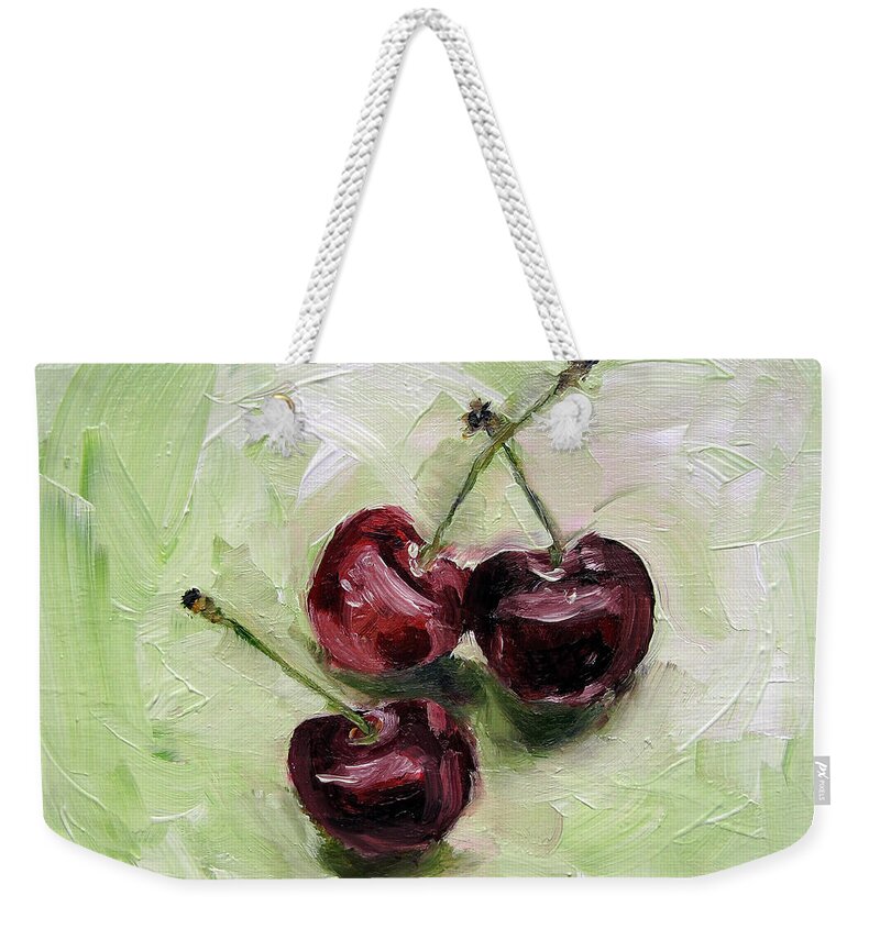 Cherry Weekender Tote Bag featuring the painting 3 Cherries by Ulrike Miesen-Schuermann