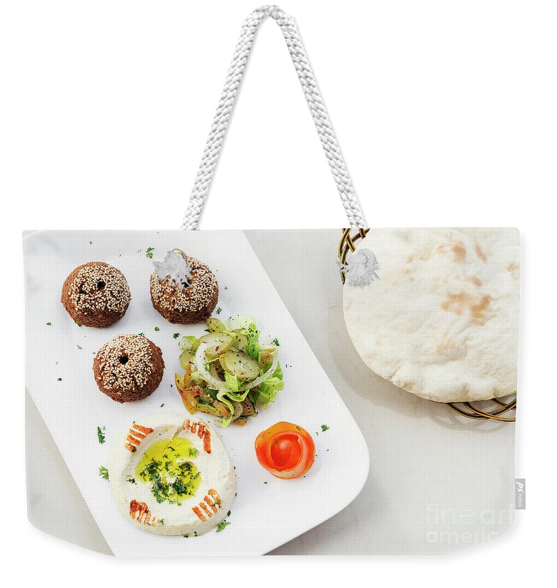 Appetizer Weekender Tote Bag featuring the photograph Falafel Hummus Houmus Starter Snack Food Mezze Platter #3 by JM Travel Photography