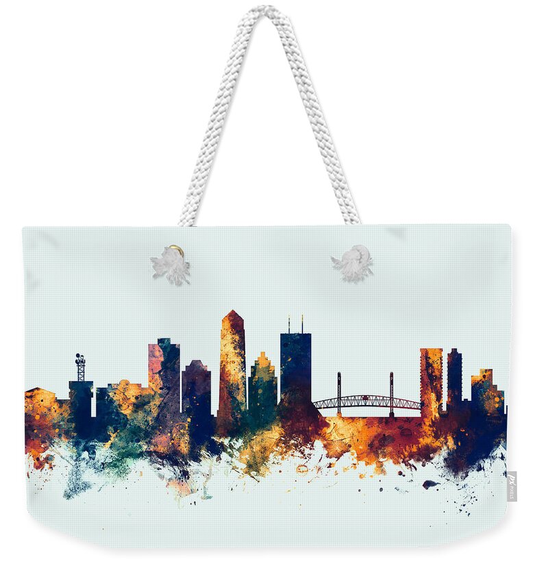 Jacksonville Weekender Tote Bag featuring the digital art Jacksonville Florida Skyline #3 by Michael Tompsett