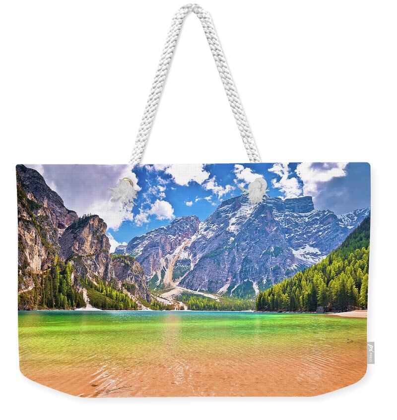 Prags Weekender Tote Bag featuring the photograph Lago di Braies turquoise water and Dolomites Alps view #3 by Brch Photography
