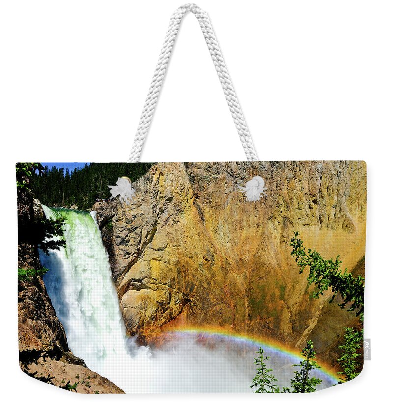 Yellowstone National Park Weekender Tote Bag featuring the photograph Lower Falls Rainbow #2 by Greg Norrell