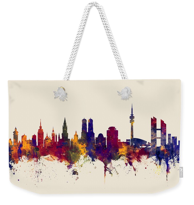 City Skyline Weekender Tote Bag featuring the digital art Munich Germany Skyline #3 by Michael Tompsett
