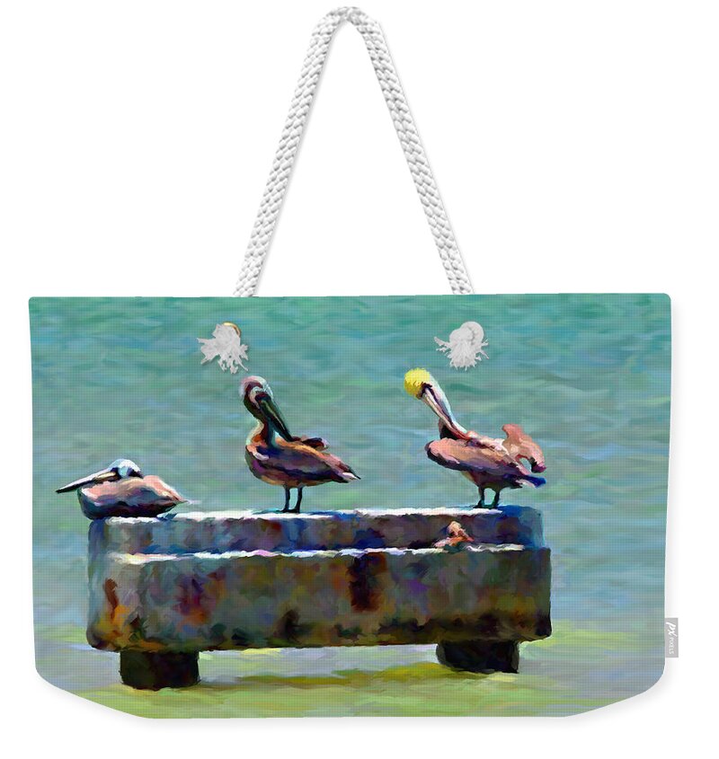 Pelicans Weekender Tote Bag featuring the painting 3 Pelicans by David Van Hulst