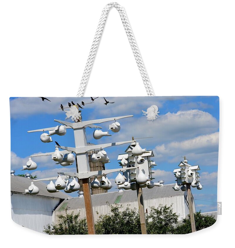 Birds Weekender Tote Bag featuring the photograph 3 Purple Martin Houses by Tana Reiff