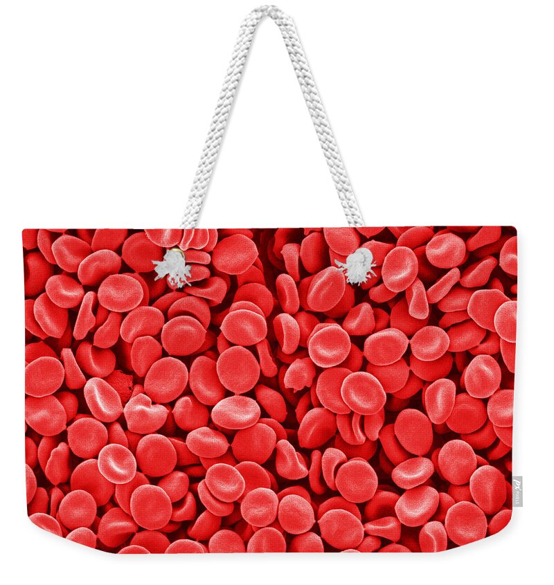 Red Blood Cells Weekender Tote Bag featuring the photograph Red Blood Cells, Sem #4 by Scimat