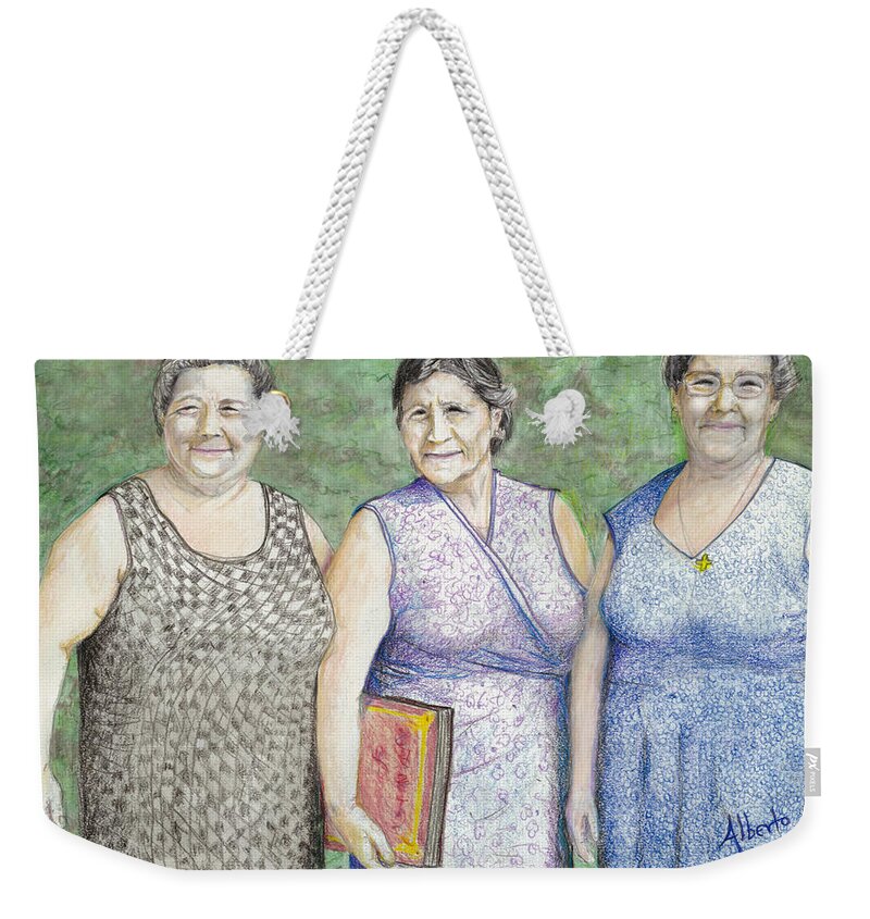 Sisters Weekender Tote Bag featuring the drawing 3 Sisters by Albert Puskaric