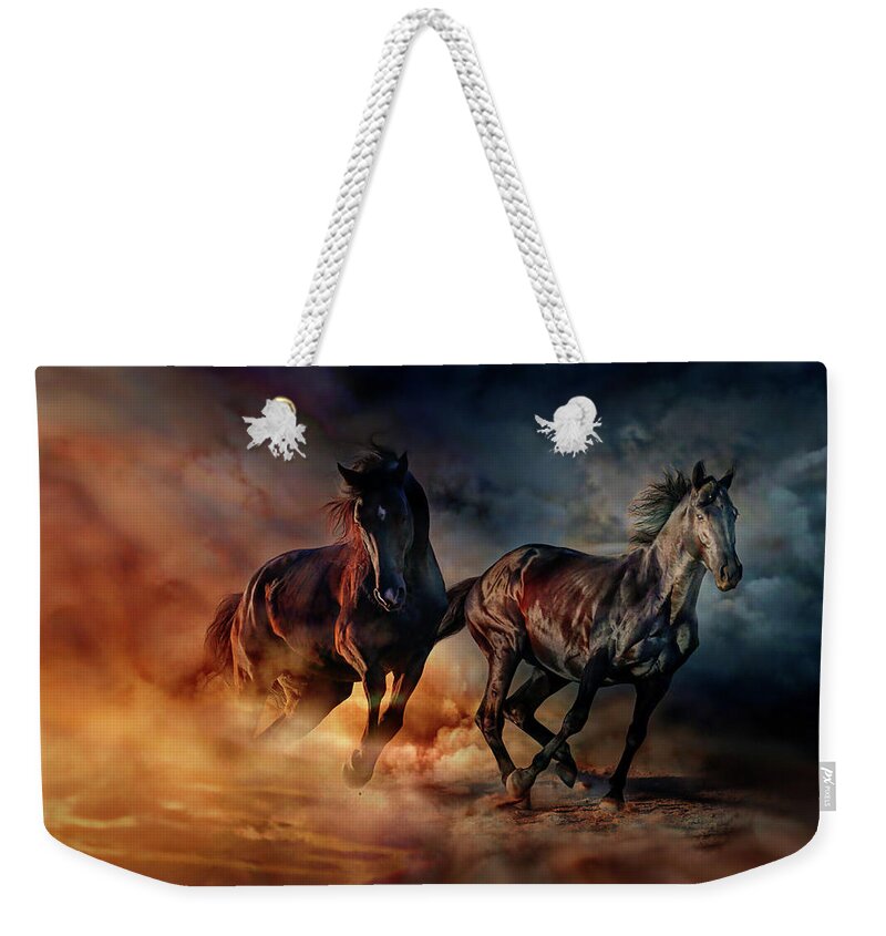 Horses Weekender Tote Bag featuring the painting Two horses by Lilia D
