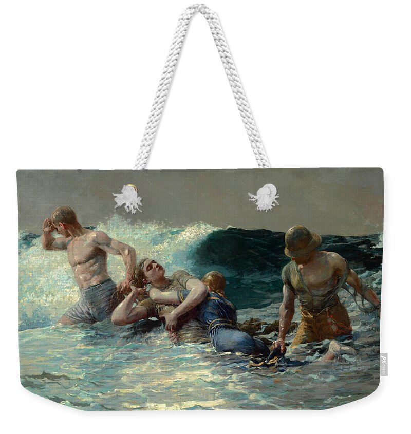 Winslow Homer Weekender Tote Bag featuring the painting Undertow by Winslow Homer