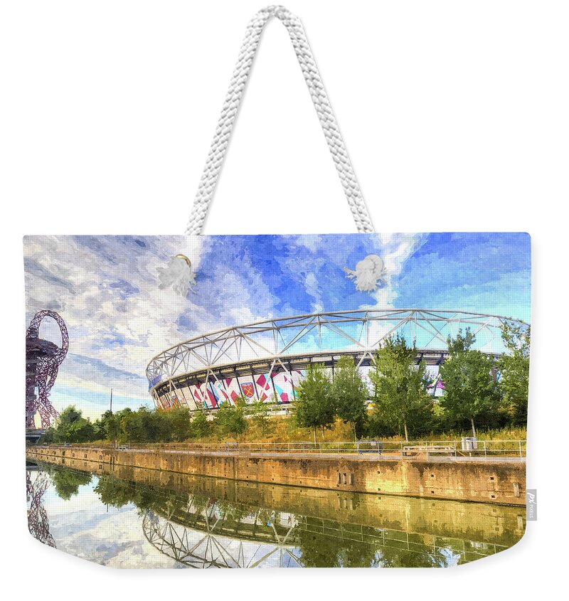  Weekender Tote Bag featuring the photograph West Ham Olympic Stadium And The Arcelormittal Orbit Art #3 by David Pyatt