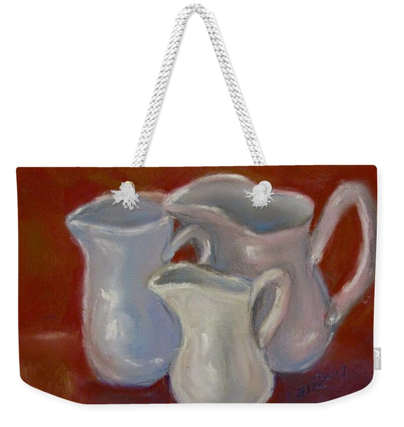 Pitchers Weekender Tote Bag featuring the pastel 3 White Cream Pitchers by Barbara O'Toole