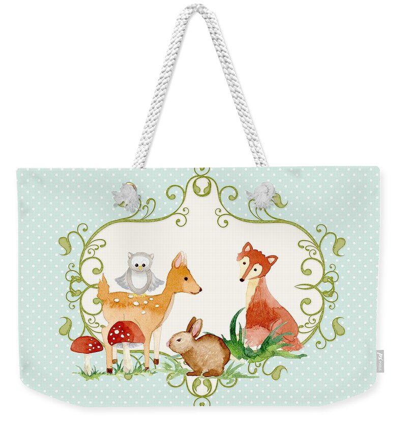 Woodland Weekender Tote Bag featuring the painting Woodland Fairytale - Animals Deer Owl Fox Bunny n Mushrooms #3 by Audrey Jeanne Roberts