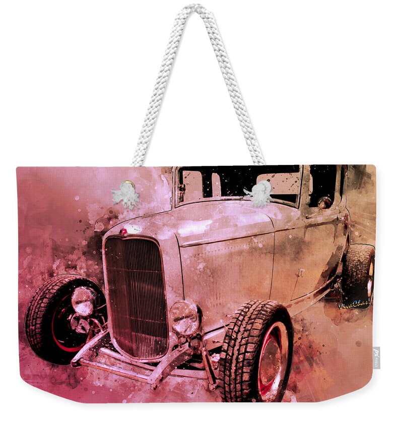 32 Weekender Tote Bag featuring the digital art 32 Five Window High Boy Pink Puddle Jumper in Search of Pink Puddles to Jump by Chas Sinklier