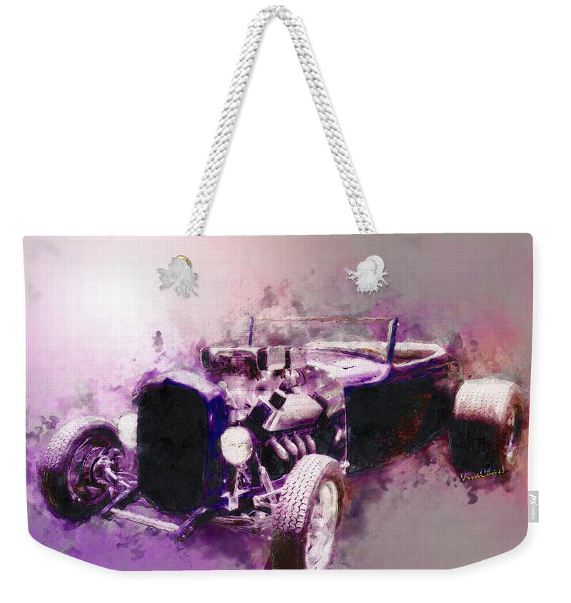 32 Weekender Tote Bag featuring the mixed media 32 Ford Low Boy Roadster Watercoloured Sketch by Chas Sinklier