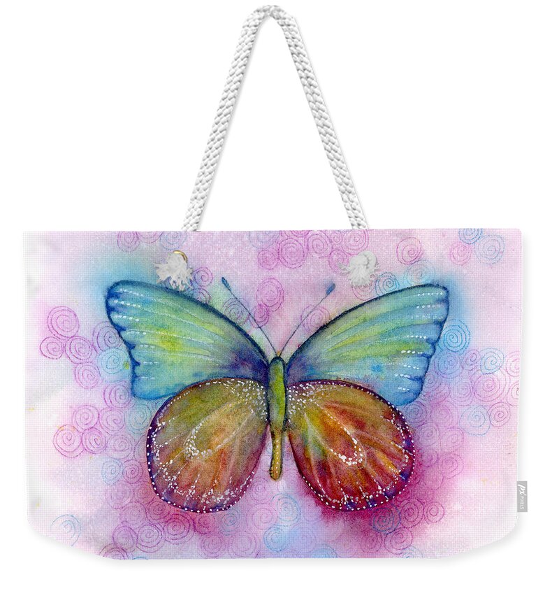 Blue Butterfly Weekender Tote Bag featuring the painting 35 Blessings Butterfly by Amy Kirkpatrick