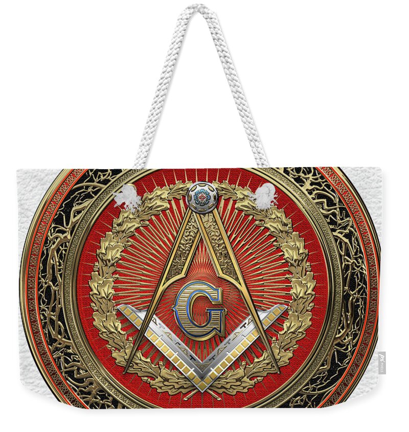 Ancient Brotherhoods Collection By Serge Averbukh Weekender Tote Bag featuring the digital art 3rd Degree Mason Gold Jewel - Master Mason Square and Compasses over White Leather by Serge Averbukh