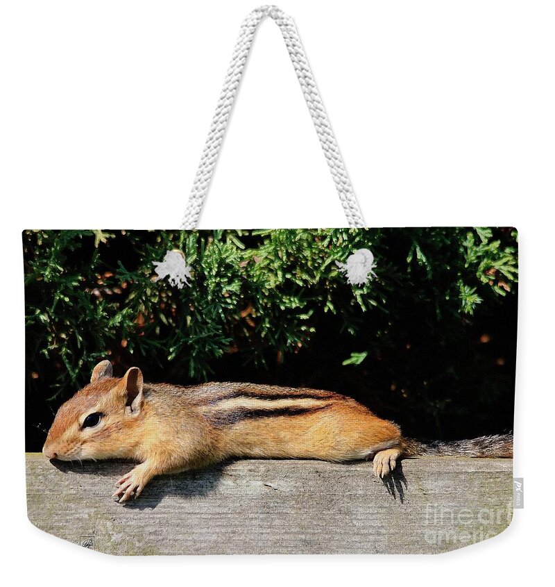 Mccombie Weekender Tote Bag featuring the painting Chipmunk Chillin' on the Railin' #1 by J McCombie