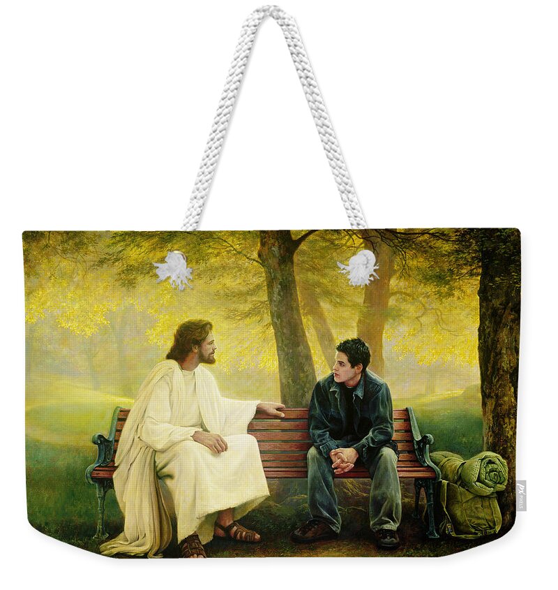 Jesus Weekender Tote Bag featuring the painting Lost and Found by Greg Olsen