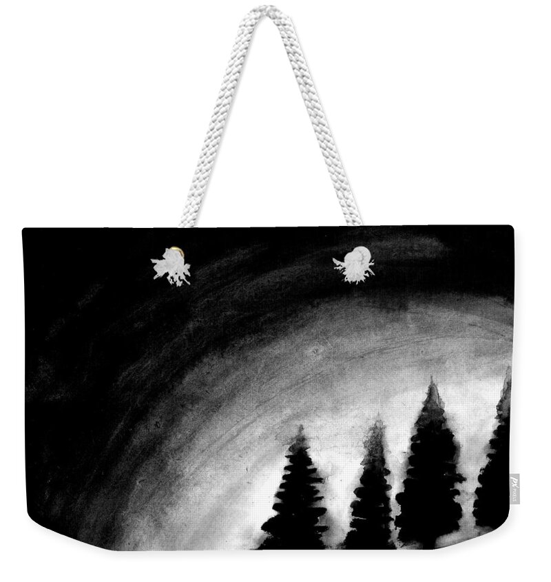 Wallpaper Buy Art Print Phone Case T-shirt Beautiful Duvet Case Pillow Tote Bags Shower Curtain Greeting Cards Mobile Phone Apple Android Black White Trees Nature Hills Woods Haunted Weekender Tote Bag featuring the painting 4 Pines by Salman Ravish