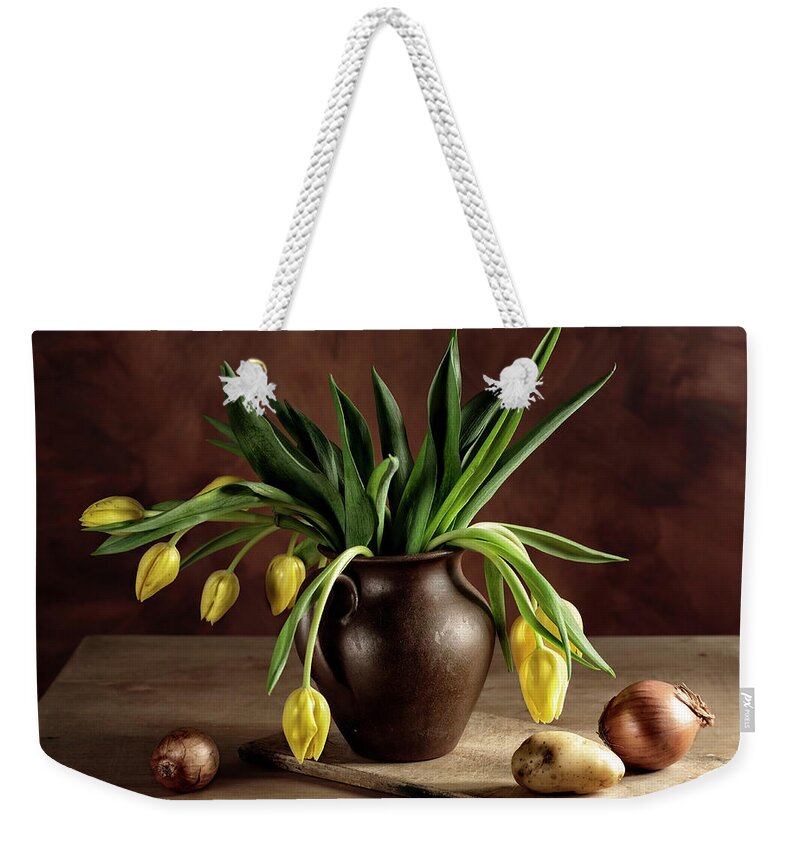 Still Life Weekender Tote Bag featuring the photograph Still Life with Tulips #4 by Nailia Schwarz