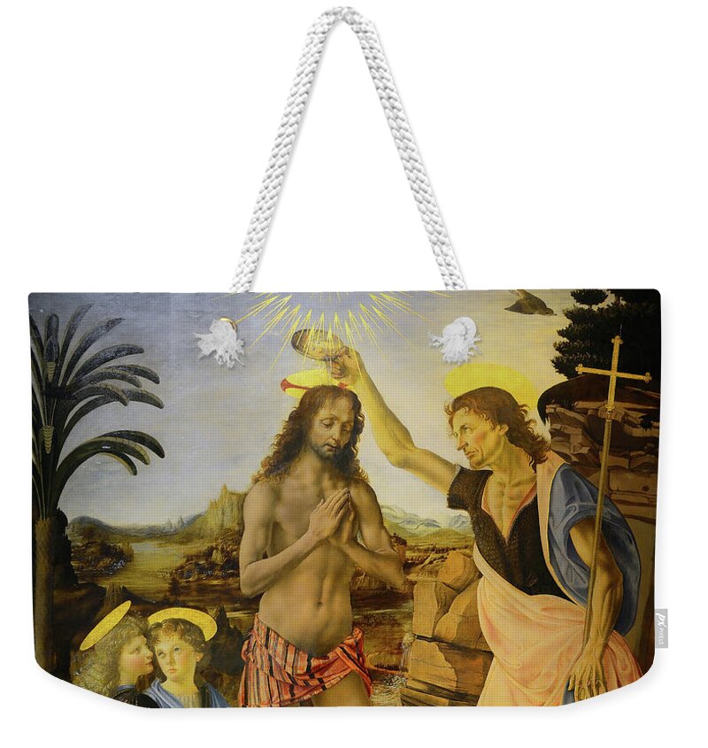 Leonardo Da Vinci Weekender Tote Bag featuring the painting The Baptism Of Christ #4 by Leonardo Da Vinci