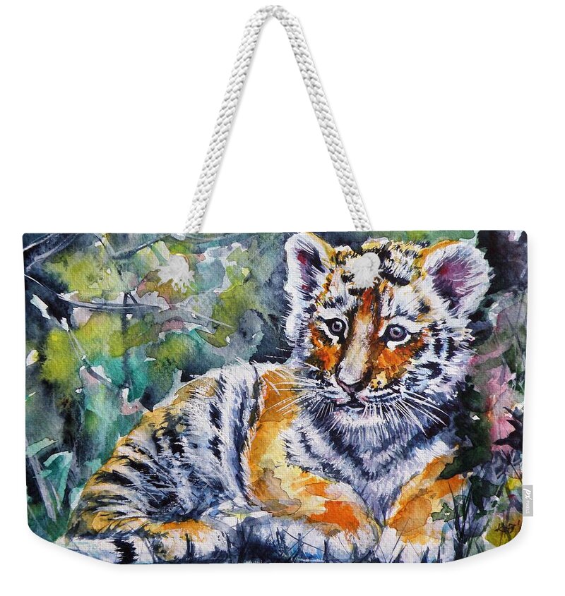 Tiger Cub Weekender Tote Bag featuring the painting Tiger cub #4 by Kovacs Anna Brigitta