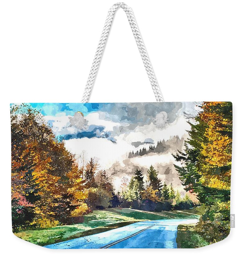 Watercolor Weekender Tote Bag featuring the painting Autumn Drive On Blue Ridge Parkway #40 by Alex Grichenko