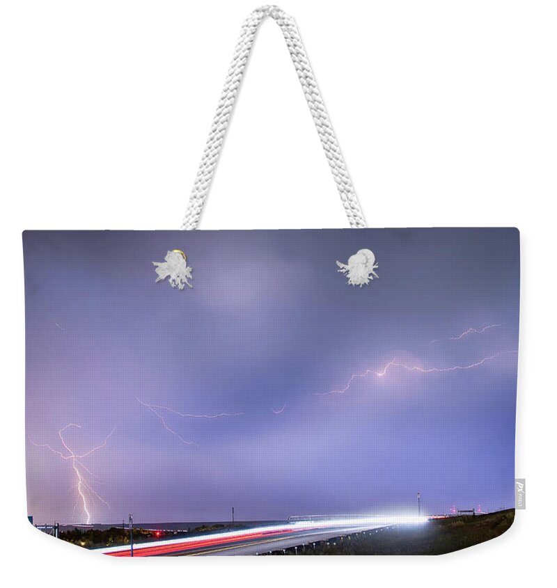 Lightning Weekender Tote Bag featuring the photograph 47 Street Lightning Storm Light Trails View Panorama 1 by James BO Insogna