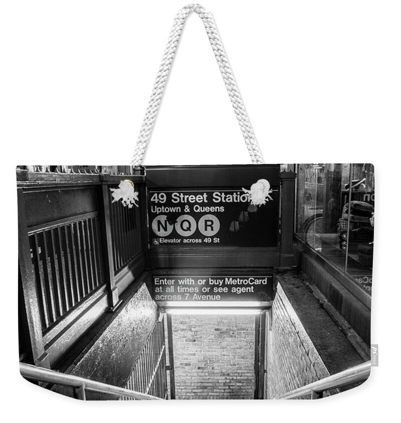 Nyc Weekender Tote Bag featuring the photograph 49 Street Subway Black And White by John McGraw