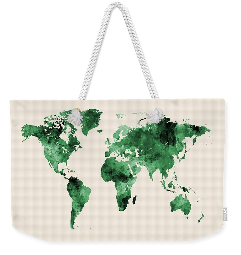 World Map Weekender Tote Bag featuring the digital art Map of the World Map Watercolor #5 by Michael Tompsett