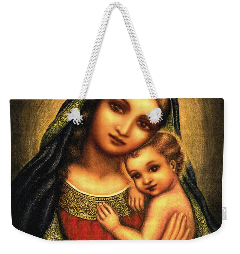 Madonna And Child Weekender Tote Bag featuring the mixed media Oval Madonna #6 by Ananda Vdovic