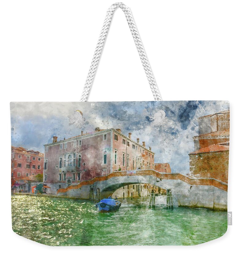 Boat Weekender Tote Bag featuring the photograph Venice Italy Canals with Colorful Houses and Boats #5 by Brandon Bourdages