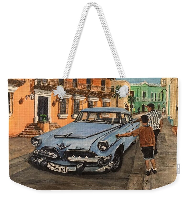 Classic Car Weekender Tote Bag featuring the painting 50's Classic in Cuba by Bonnie Peacher