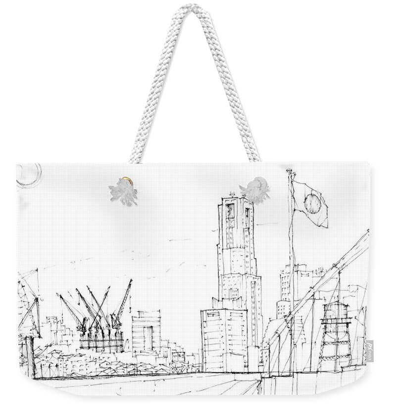 Sustainability Weekender Tote Bag featuring the drawing 5.2.Japan-1-Tokyo-skyline by Charlie Szoradi