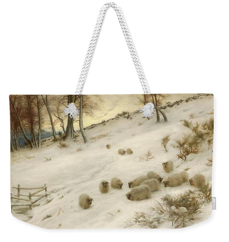 A Flock Of Sheep In A Snowstorm Weekender Tote Bag featuring the painting A Flock of Sheep in a Snowstorm #6 by Joseph Farquharson