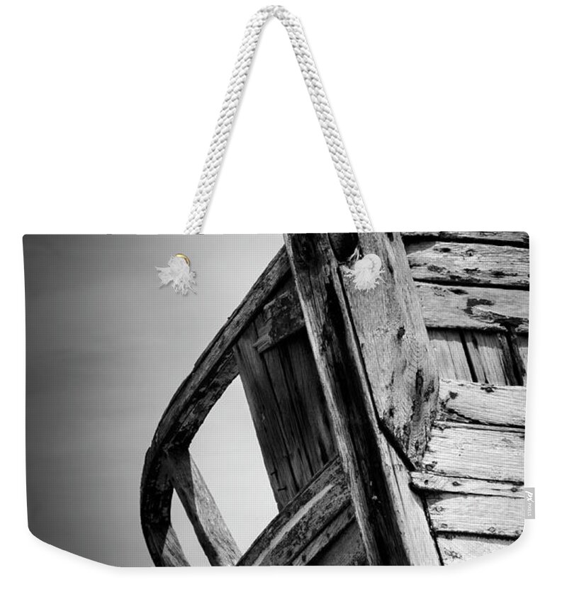 Dungeness Weekender Tote Bag featuring the photograph Old Abandoned Boat Portrait BW by Rick Deacon