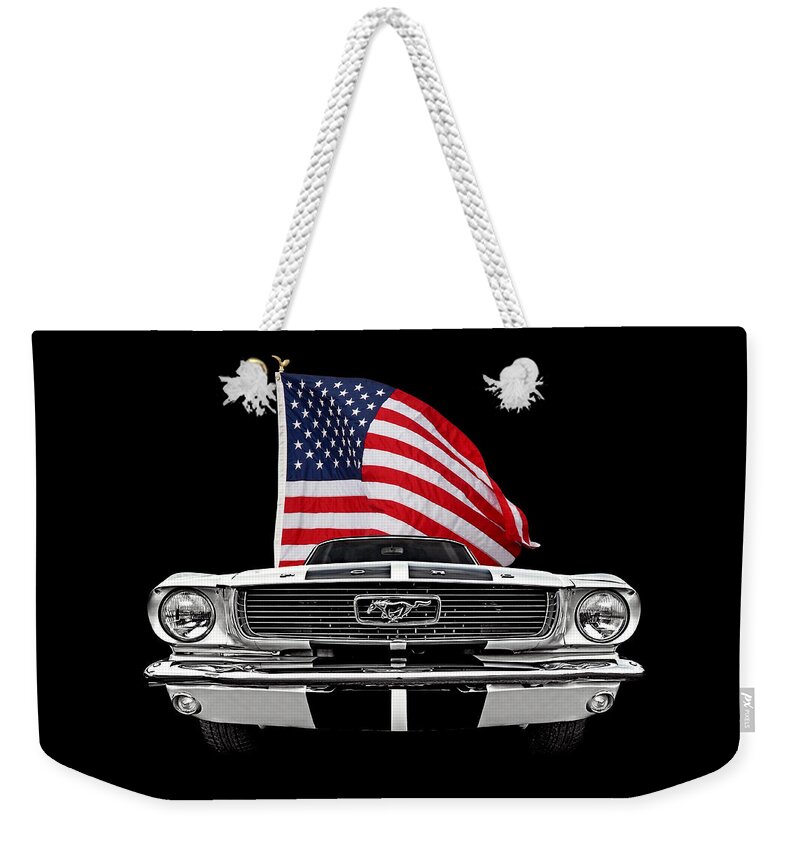 Ford Mustang Weekender Tote Bag featuring the photograph 66 Mustang With U.S. Flag On Black by Gill Billington