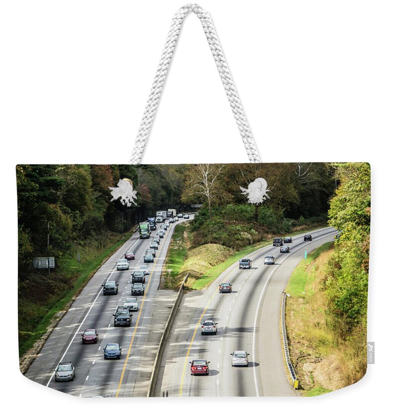 Car Weekender Tote Bag featuring the photograph Aerial view of i-40 highway in north carolina from blue ridge pa #7 by Alex Grichenko
