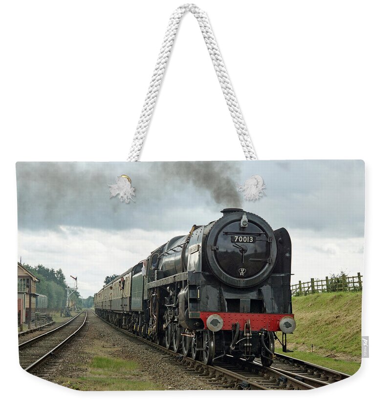 70013 Weekender Tote Bag featuring the photograph 70013 Arriving at Quorn by David Birchall