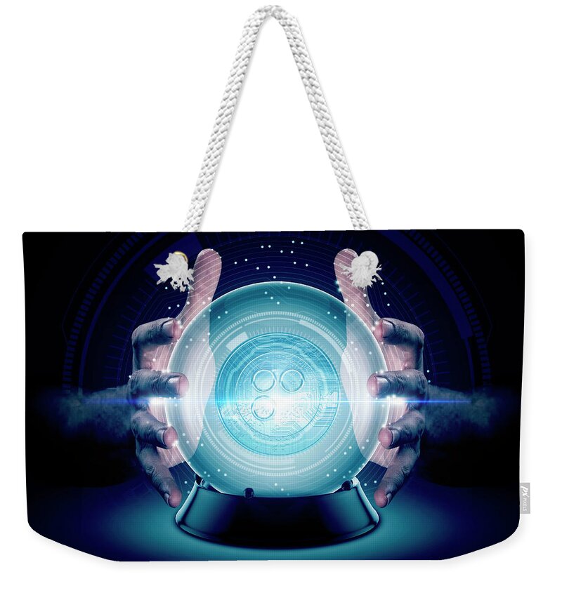 Omisego Weekender Tote Bag featuring the digital art Hands On Crystal Ball And Cryptocurrency #8 by Allan Swart