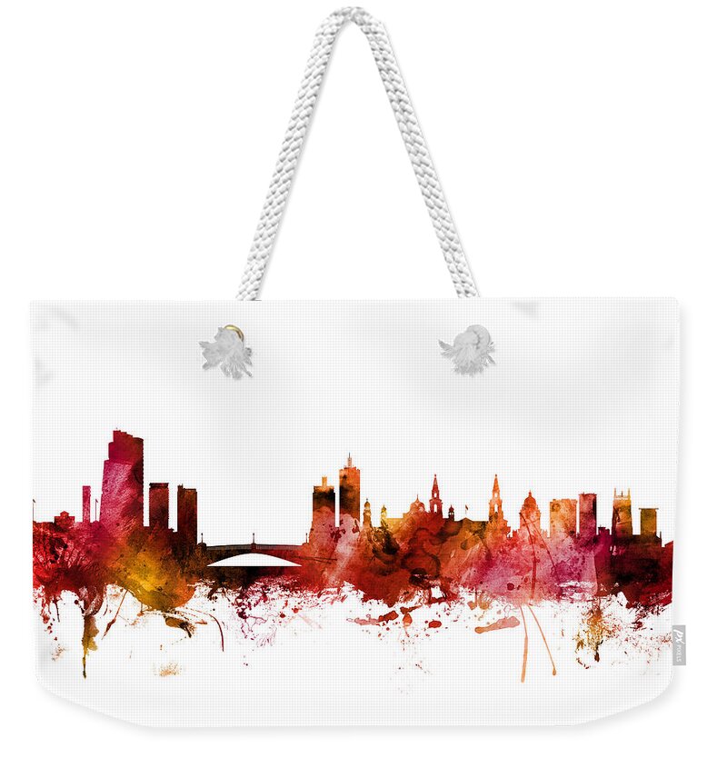 Leeds Weekender Tote Bag featuring the digital art Leeds England Skyline #8 by Michael Tompsett